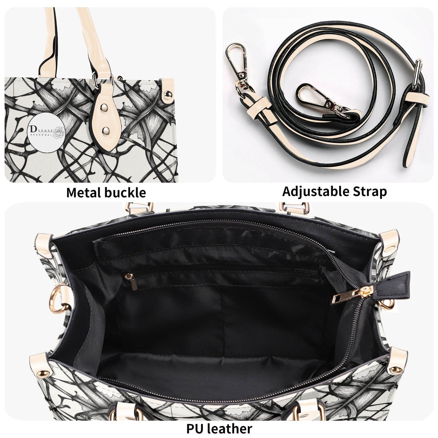 Ink Floral Luxury Women's Leather Handbag (3 sizes) - DeRose Seasonal