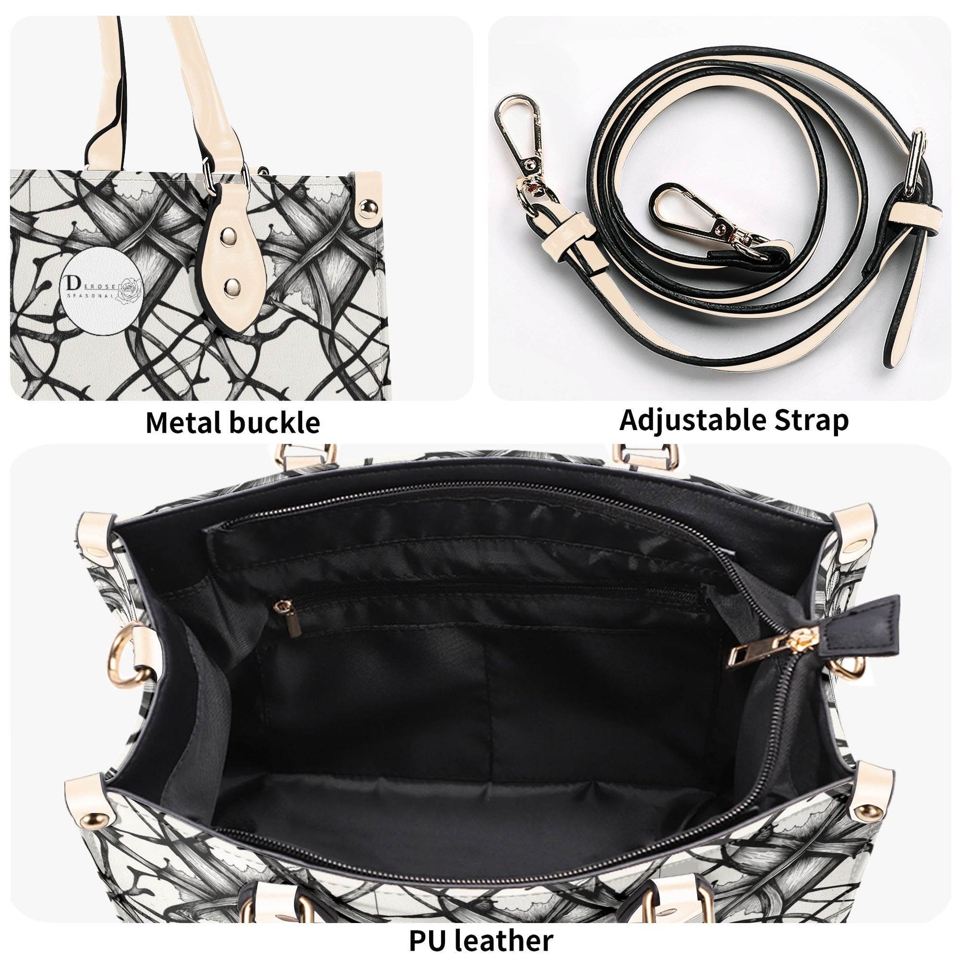 Ink Floral Luxury Women's Leather Handbag (3 sizes) - DeRose Seasonal