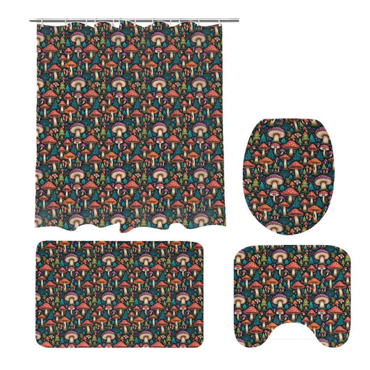 Forest Shrooms Bathroom Four-Piece Set(Shower Curtain + Toilet Cover Mat + Toilet Foot Mat + Floor Mat)| Polyester - DeRose Seasonal