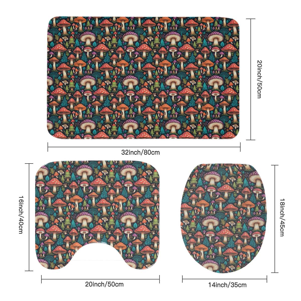 Forest Shrooms Bathroom Four-Piece Set(Shower Curtain + Toilet Cover Mat + Toilet Foot Mat + Floor Mat)| Polyester - DeRose Seasonal
