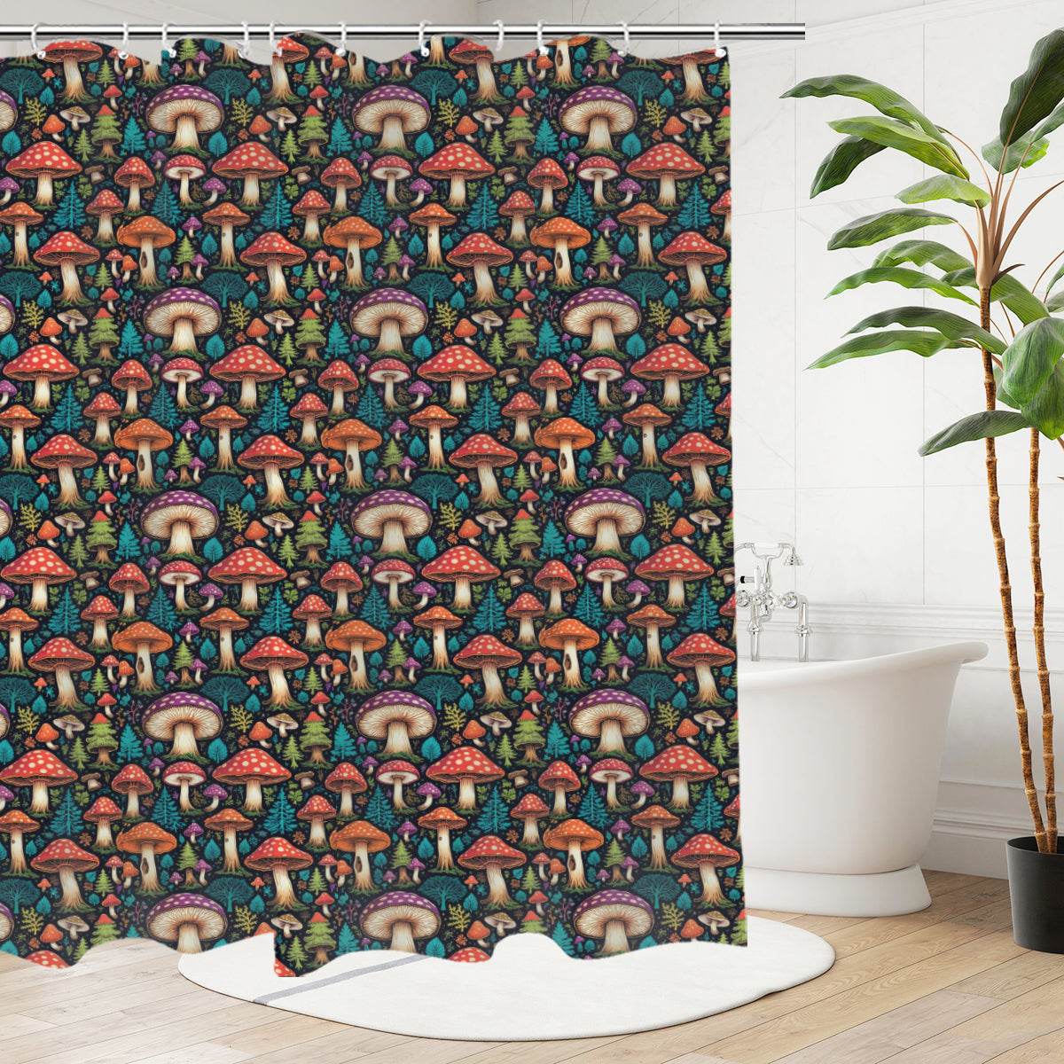 Forest Shrooms Bathroom Four-Piece Set(Shower Curtain + Toilet Cover Mat + Toilet Foot Mat + Floor Mat)| Polyester - DeRose Seasonal