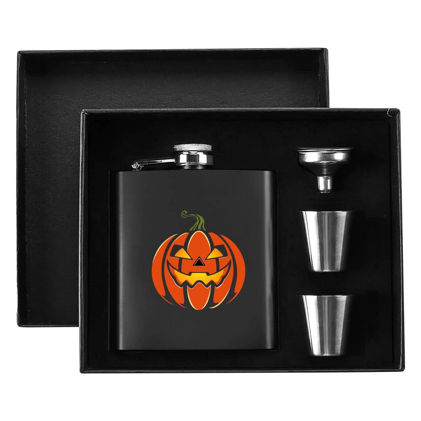 Jack-O-Lantern Flask Set 7oz Black Stainless Steel with A Gift Box - DeRose Seasonal