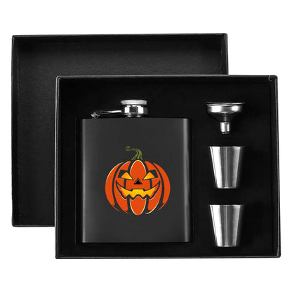 Jack-O-Lantern Flask Set 7oz Black Stainless Steel with A Gift Box - DeRose Seasonal