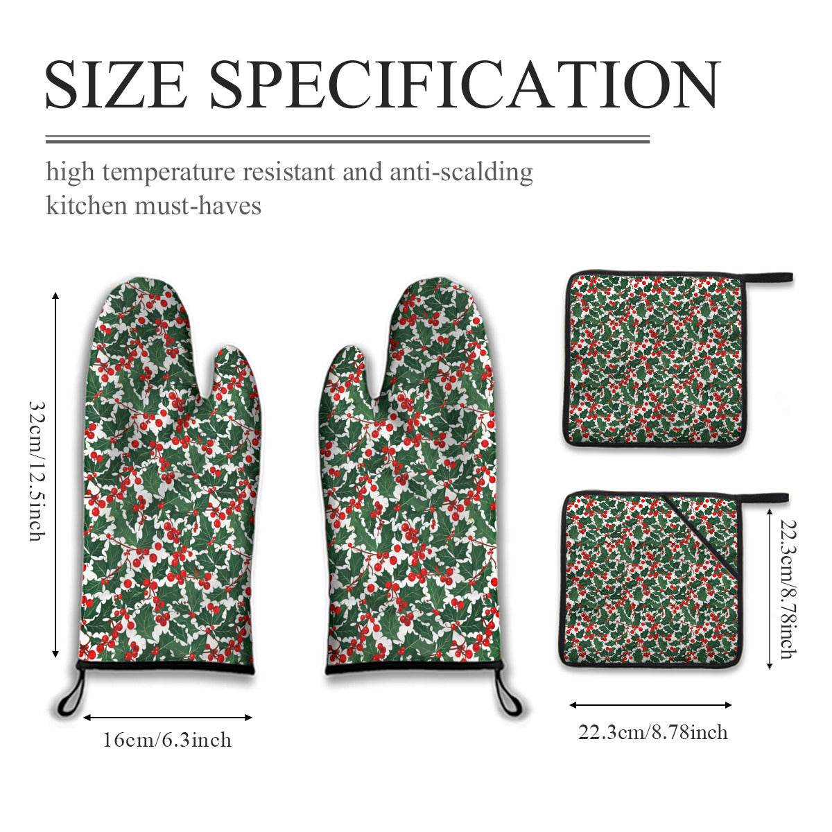 Kitchen insulation four-piece set | Polyester - ChristmasHolly3-1 - DeRose Seasonal