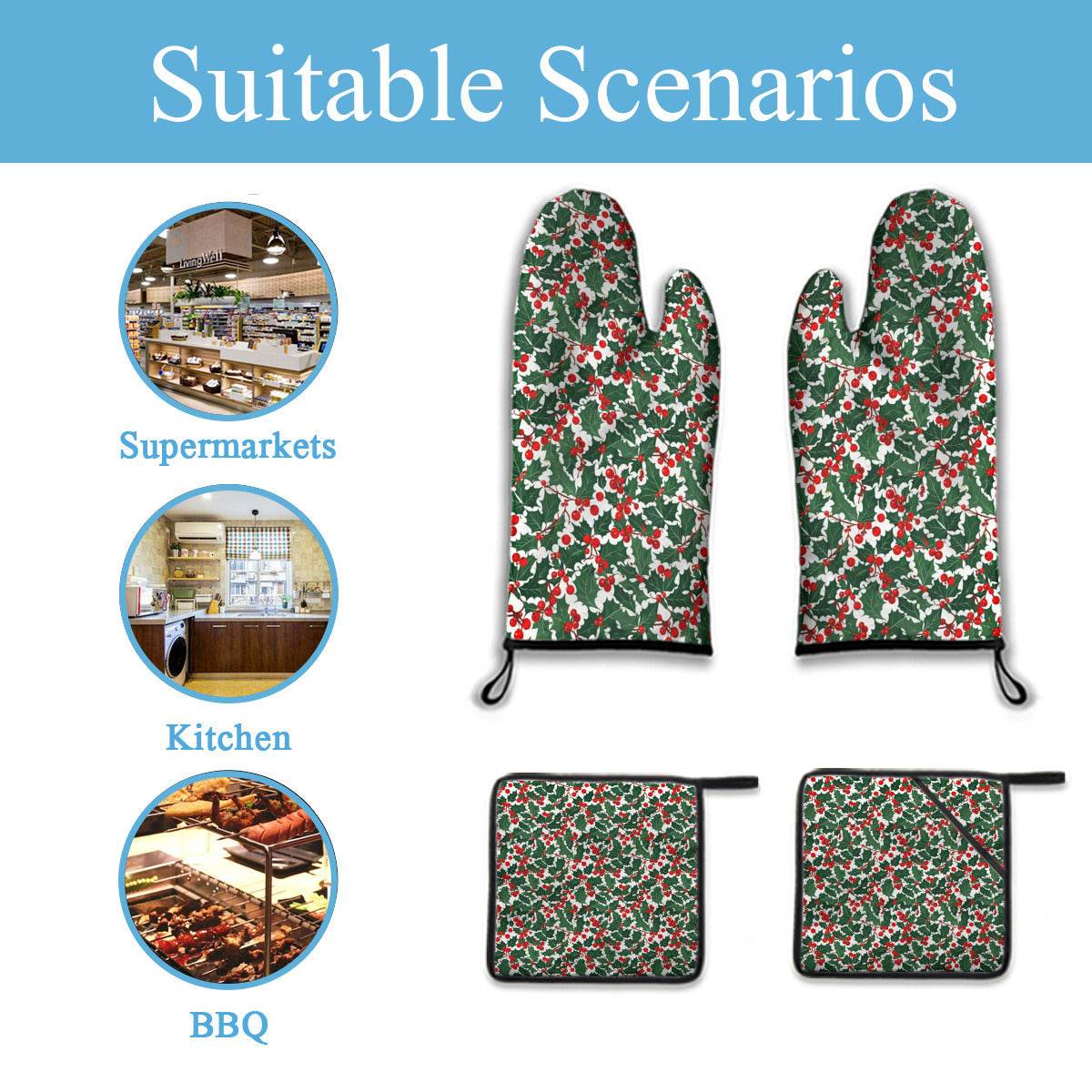 Kitchen insulation four-piece set | Polyester - ChristmasHolly3-1 - DeRose Seasonal