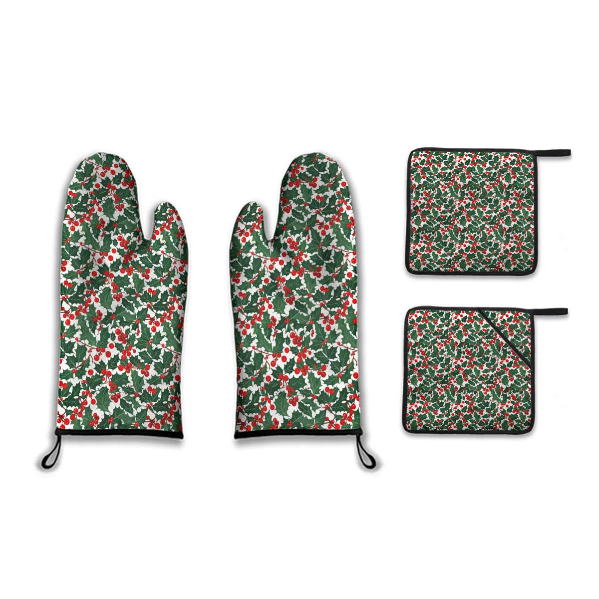 Kitchen insulation four-piece set | Polyester - ChristmasHolly3-1 - DeRose Seasonal
