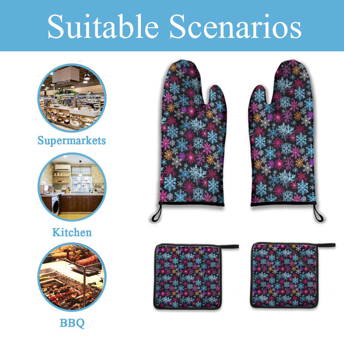Kitchen insulation four-piece set | Polyester - Colorful-Party-Snow-Flakes - DeRose Seasonal