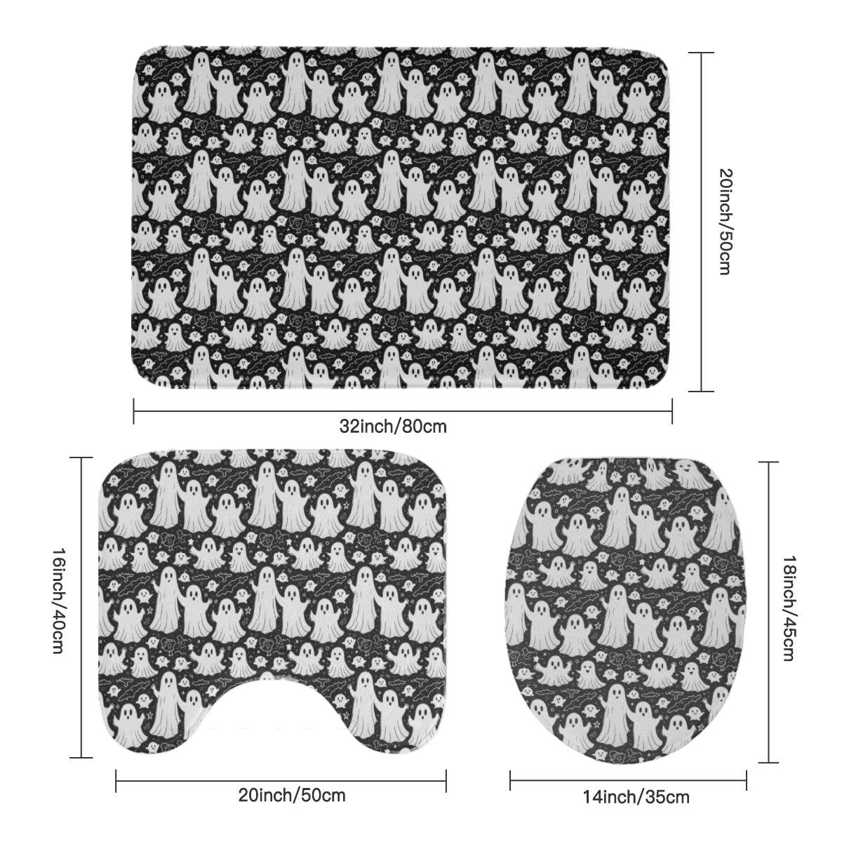 Vintage Ghosts Bathroom Four-Piece Set(Shower Curtain + Toilet Cover Mat + Toilet Foot Mat + Floor Mat)| Polyester - DeRose Seasonal