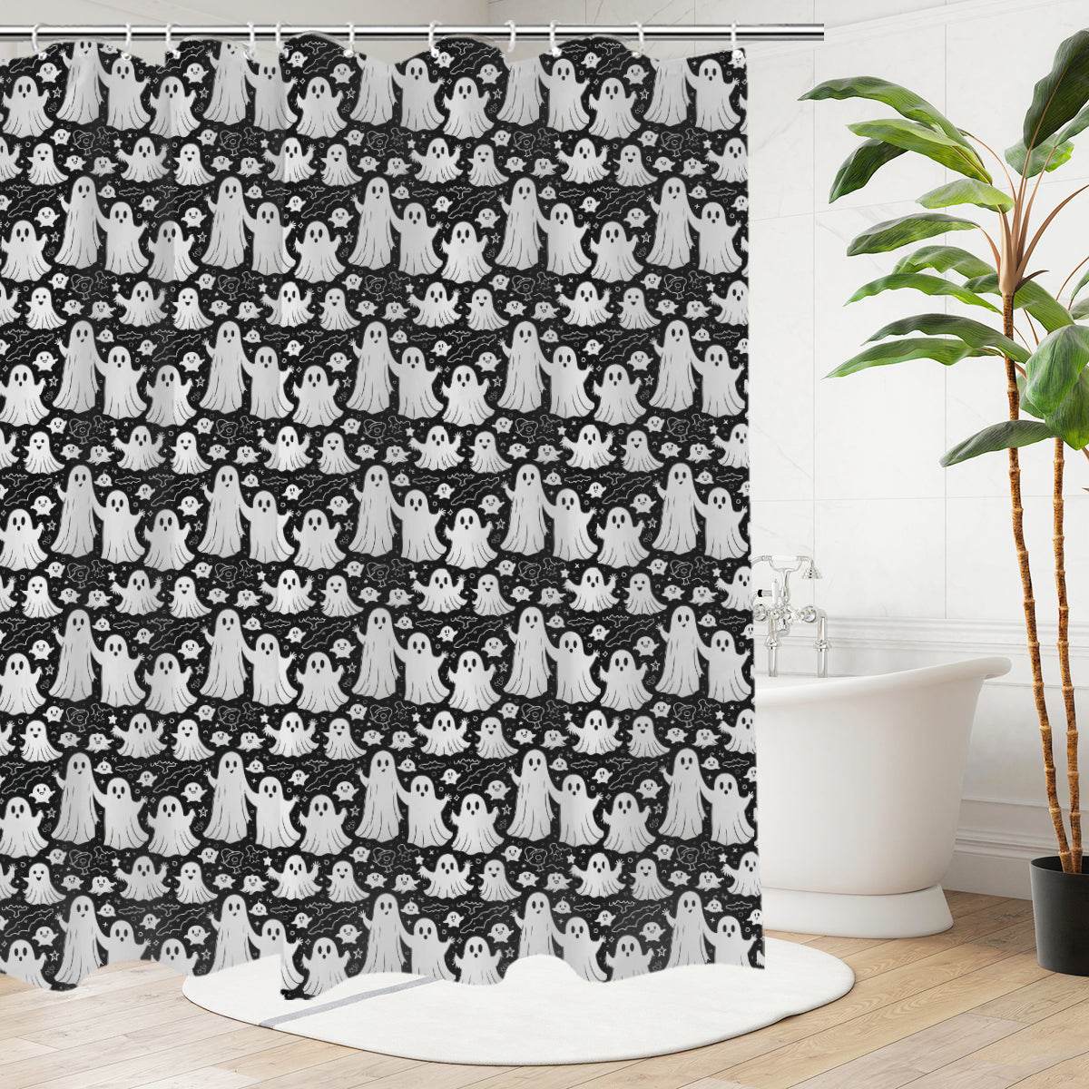 Vintage Ghosts Bathroom Four-Piece Set(Shower Curtain + Toilet Cover Mat + Toilet Foot Mat + Floor Mat)| Polyester - DeRose Seasonal