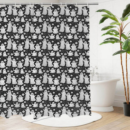 Vintage Ghosts Bathroom Four-Piece Set(Shower Curtain + Toilet Cover Mat + Toilet Foot Mat + Floor Mat)| Polyester - DeRose Seasonal