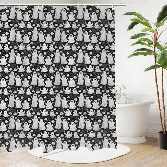 Vintage Ghosts Bathroom Four-Piece Set(Shower Curtain + Toilet Cover Mat + Toilet Foot Mat + Floor Mat)| Polyester - DeRose Seasonal