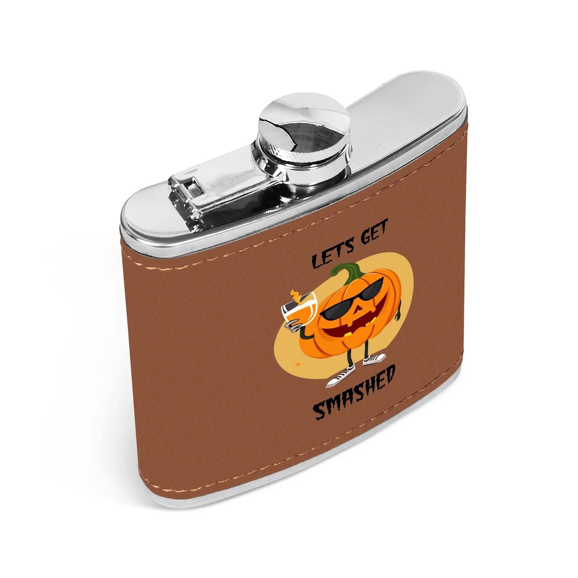 Let's Get Smashed Brown Leather Flask Wrapped Stainless Steel 6oz - DeRose Seasonal