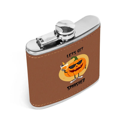 Let's Get Smashed Brown Leather Flask Wrapped Stainless Steel 6oz - DeRose Seasonal