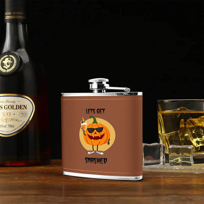 Let's Get Smashed Brown Leather Flask Wrapped Stainless Steel 6oz - DeRose Seasonal