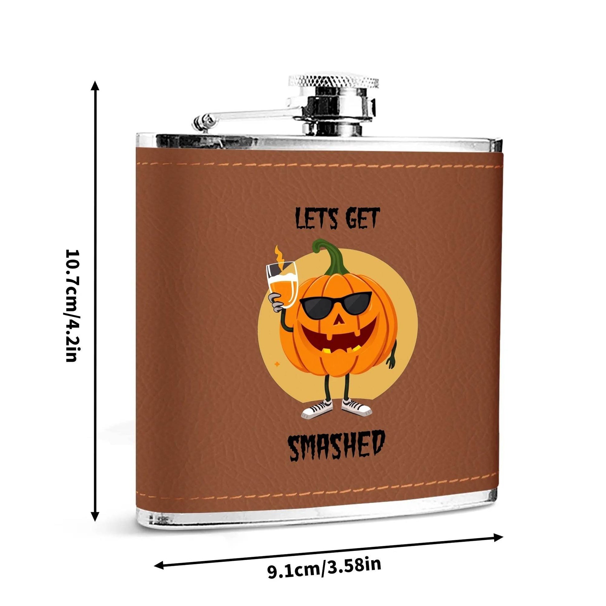 Let's Get Smashed Brown Leather Flask Wrapped Stainless Steel 6oz - DeRose Seasonal