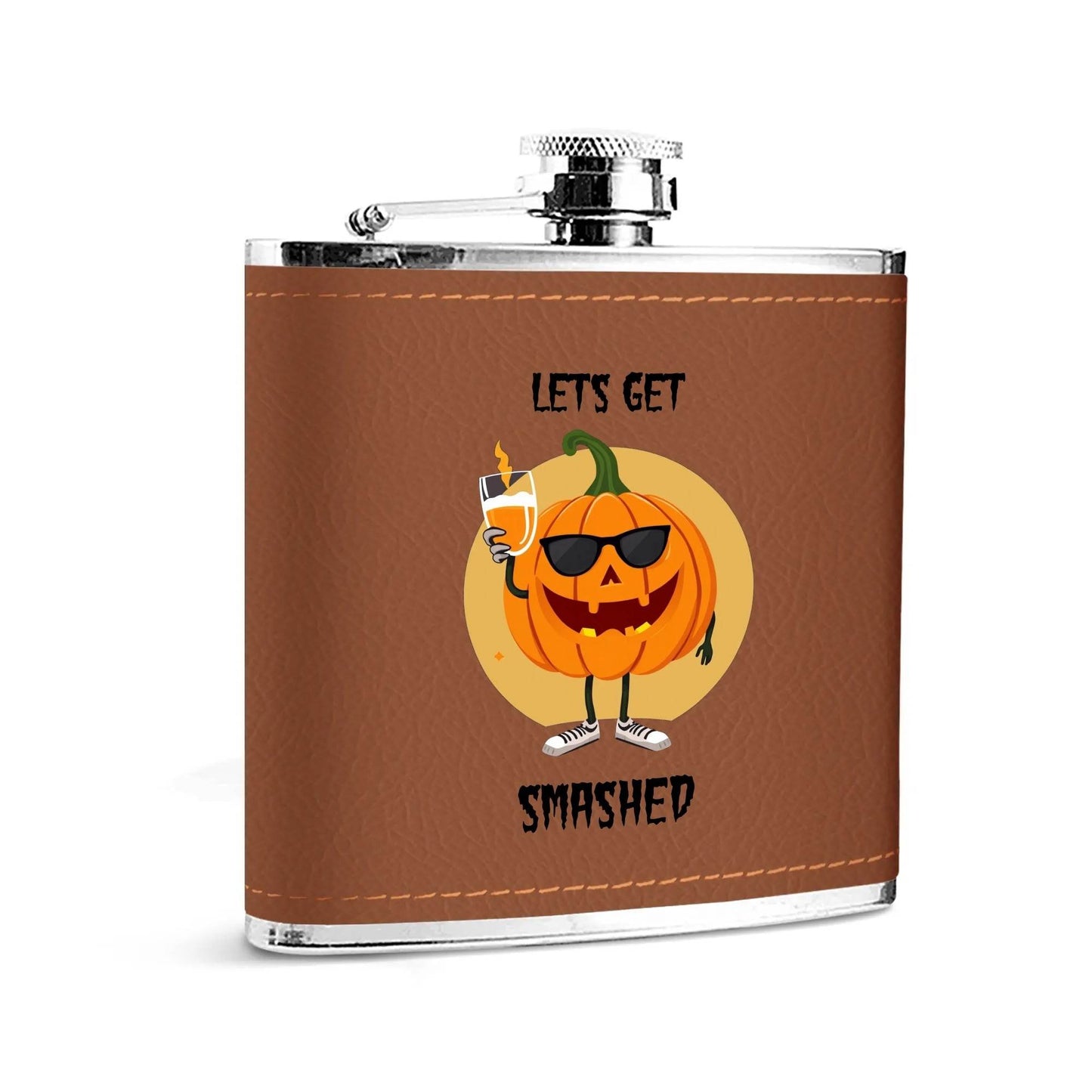Let's Get Smashed Brown Leather Flask Wrapped Stainless Steel 6oz - DeRose Seasonal