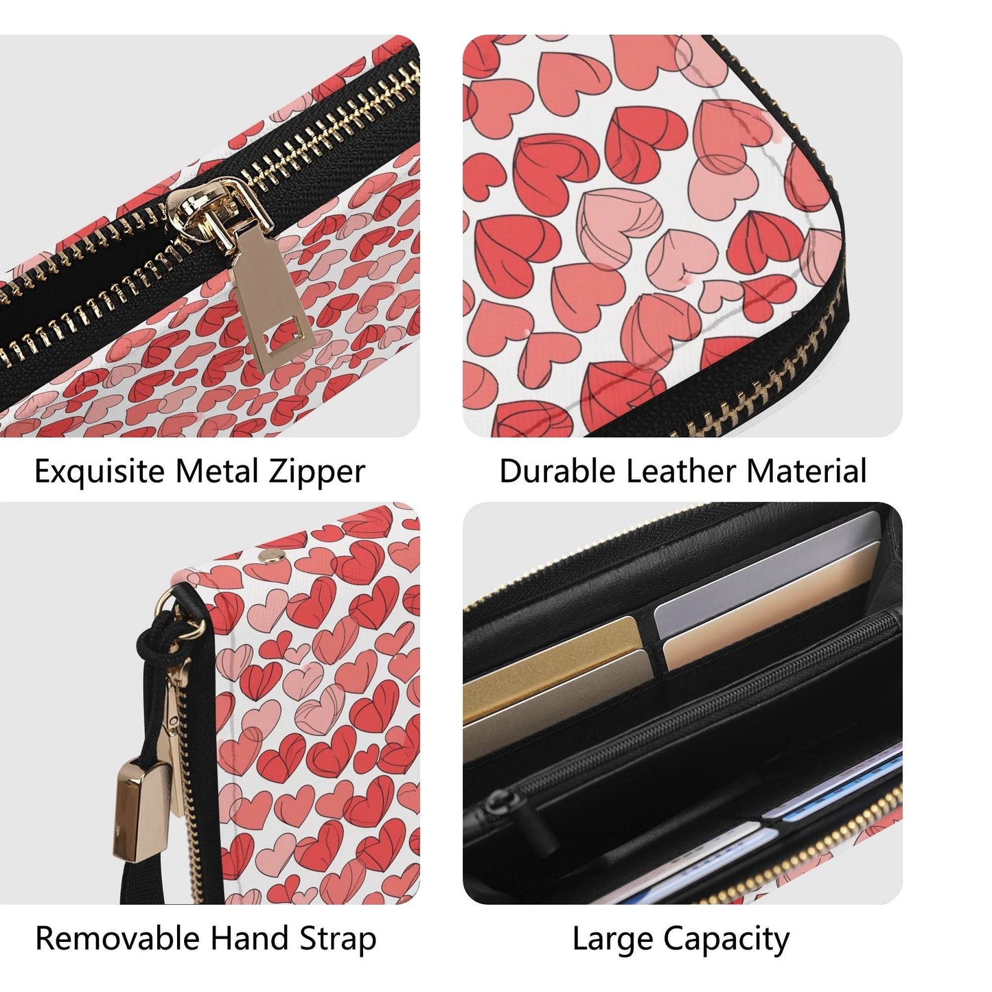 Little Red Hearts Women's Leather Zipper Wristlet Wallet - DeRose Seasonal