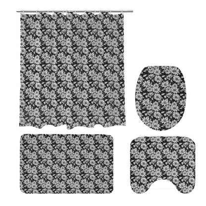 Black and White Daisy Bathroom Four-Piece Set(Shower Curtain + Toilet Cover Mat + Toilet Foot Mat + Floor Mat)| Polyester - DeRose Seasonal