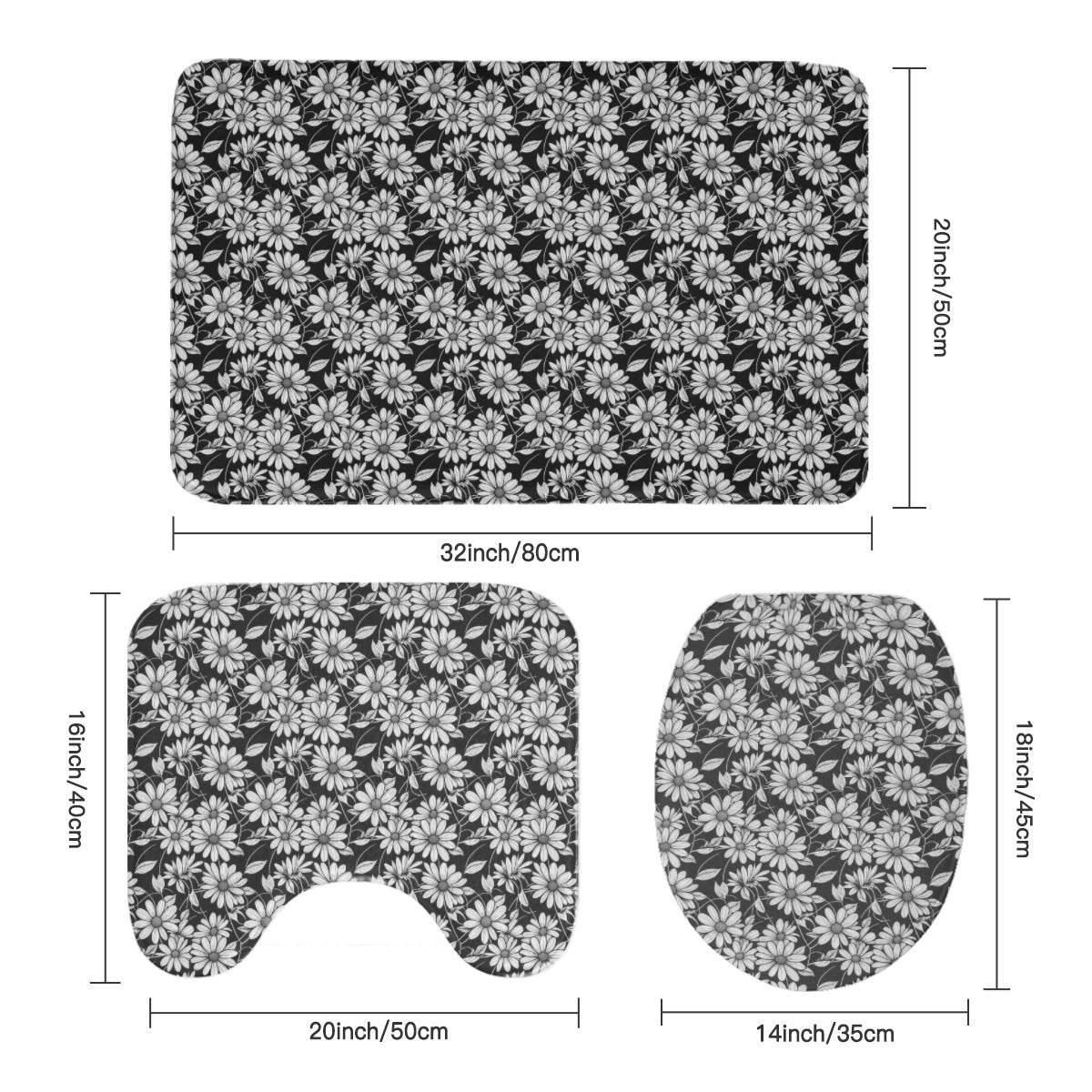 Black and White Daisy Bathroom Four-Piece Set(Shower Curtain + Toilet Cover Mat + Toilet Foot Mat + Floor Mat)| Polyester - DeRose Seasonal