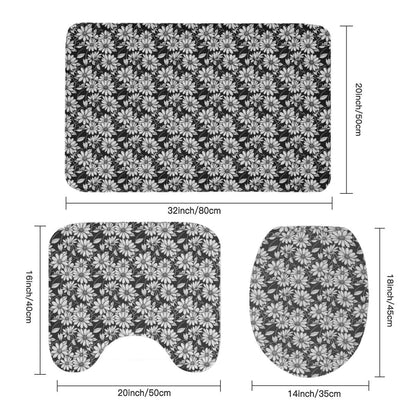 Black and White Daisy Bathroom Four-Piece Set(Shower Curtain + Toilet Cover Mat + Toilet Foot Mat + Floor Mat)| Polyester - DeRose Seasonal