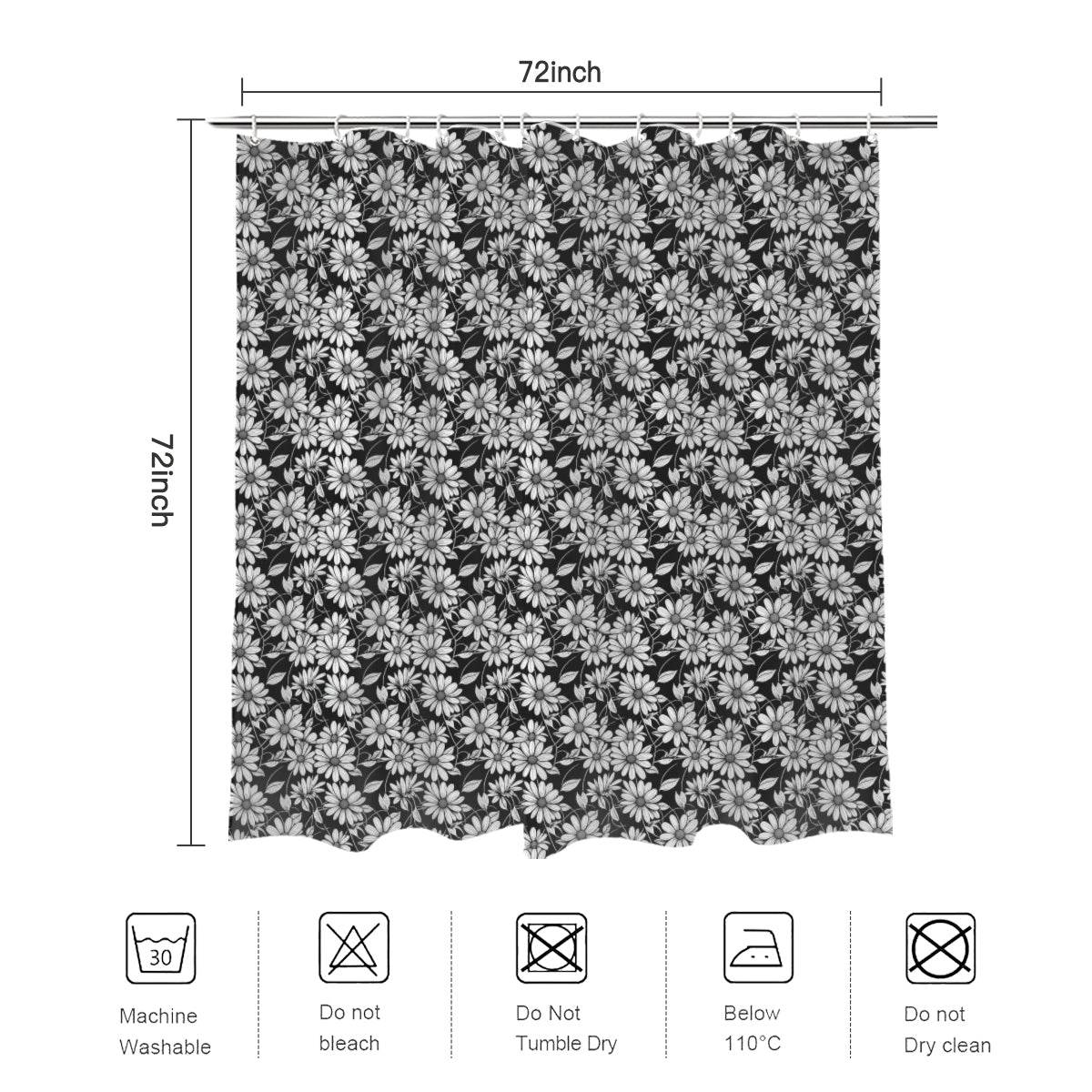 Black and White Daisy Bathroom Four-Piece Set(Shower Curtain + Toilet Cover Mat + Toilet Foot Mat + Floor Mat)| Polyester - DeRose Seasonal