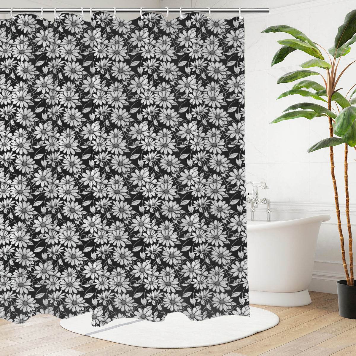 Black and White Daisy Bathroom Four-Piece Set(Shower Curtain + Toilet Cover Mat + Toilet Foot Mat + Floor Mat)| Polyester - DeRose Seasonal