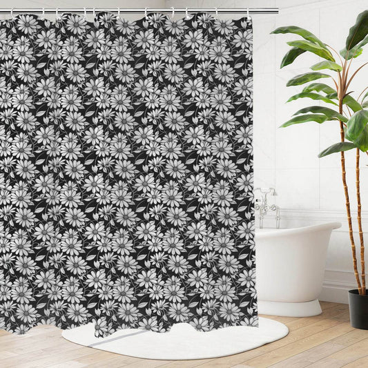 Black and White Daisy Bathroom Four-Piece Set(Shower Curtain + Toilet Cover Mat + Toilet Foot Mat + Floor Mat)| Polyester - DeRose Seasonal