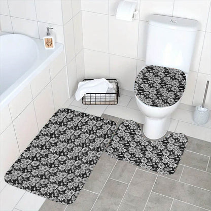 Black and White Daisy Bathroom Four-Piece Set(Shower Curtain + Toilet Cover Mat + Toilet Foot Mat + Floor Mat)| Polyester - DeRose Seasonal