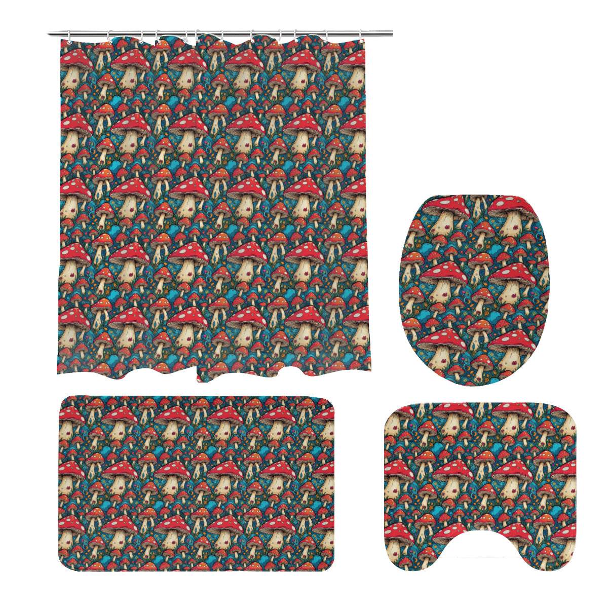 Deathcap Mushrooms Bathroom Four-Piece Set(Shower Curtain + Toilet Cover Mat + Toilet Foot Mat + Floor Mat)| Polyester - DeRose Seasonal