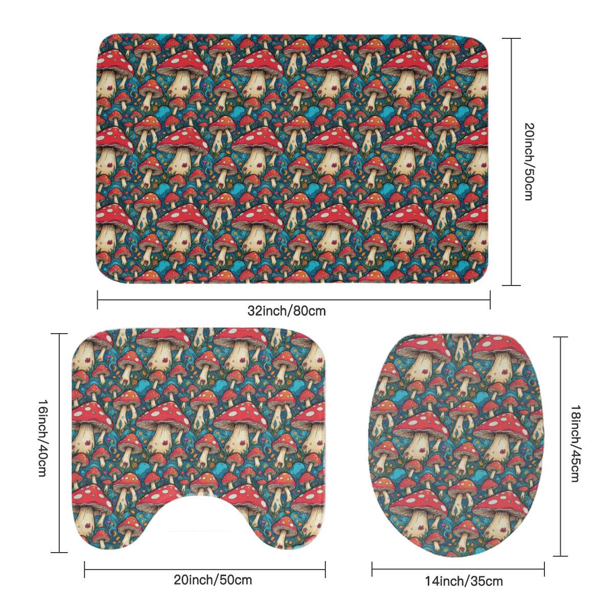 Deathcap Mushrooms Bathroom Four-Piece Set(Shower Curtain + Toilet Cover Mat + Toilet Foot Mat + Floor Mat)| Polyester - DeRose Seasonal