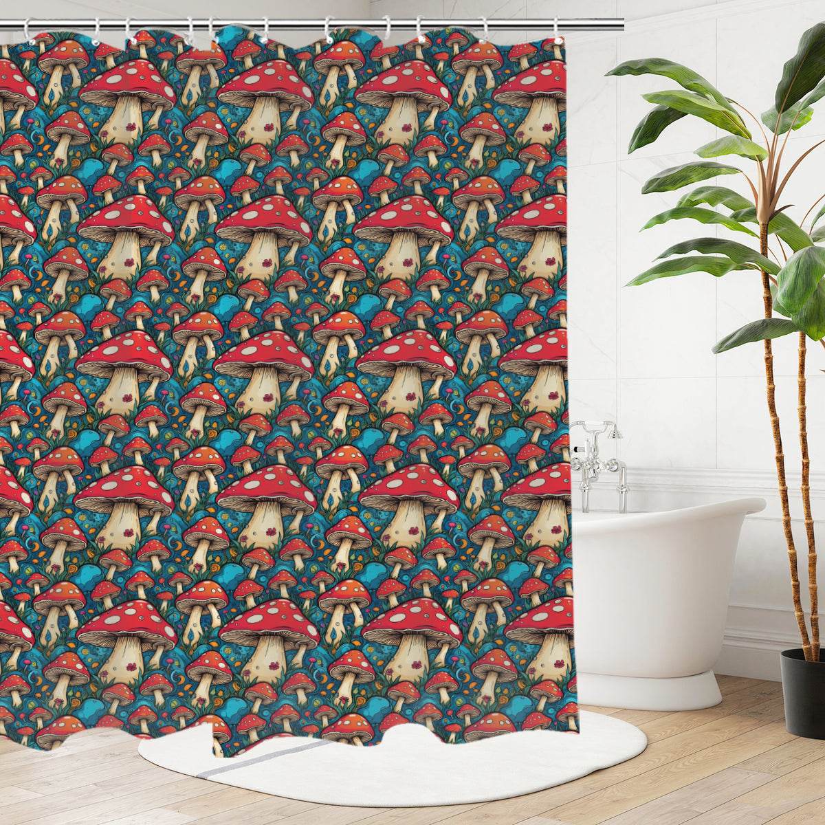 Deathcap Mushrooms Bathroom Four-Piece Set(Shower Curtain + Toilet Cover Mat + Toilet Foot Mat + Floor Mat)| Polyester - DeRose Seasonal