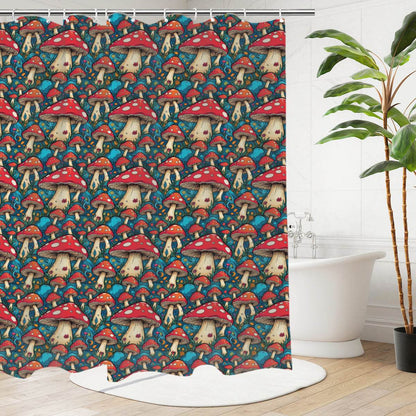 Deathcap Mushrooms Bathroom Four-Piece Set(Shower Curtain + Toilet Cover Mat + Toilet Foot Mat + Floor Mat)| Polyester - DeRose Seasonal