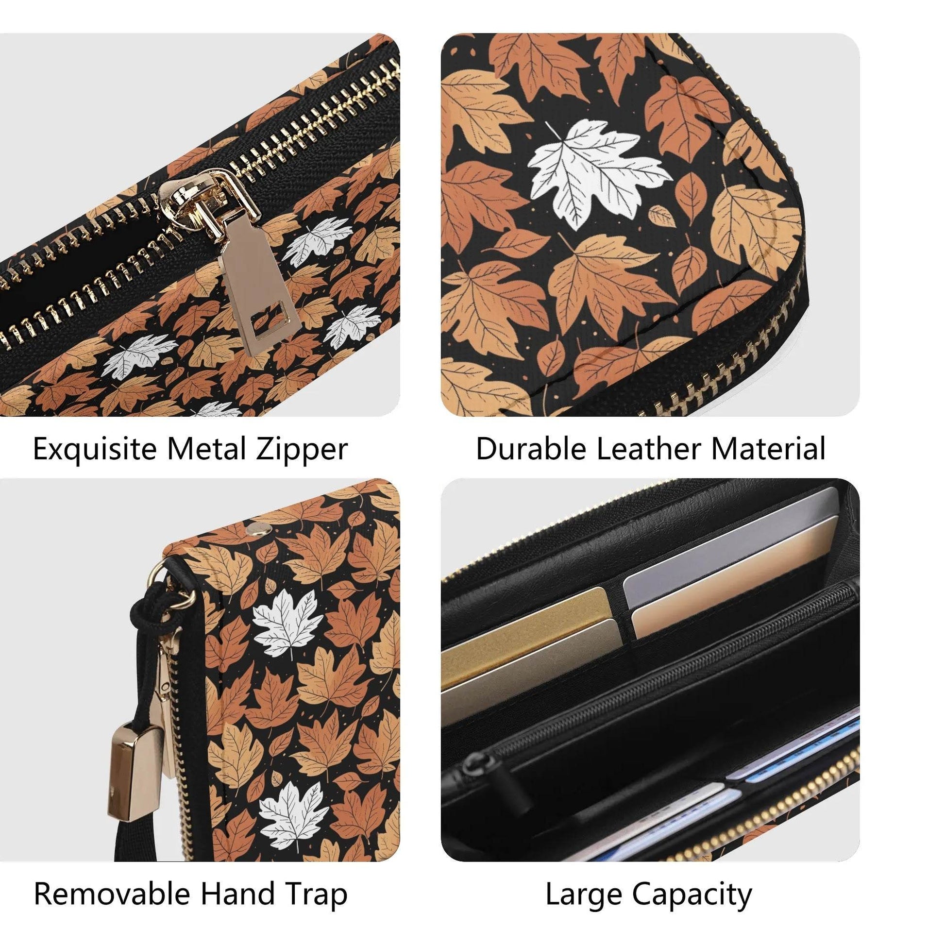Maple Leaves Leather Women's Zipper Wristlet Wallet - DeRose Seasonal