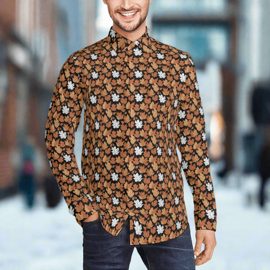 Maple Leaves Men's Classic Long-Sleeved Button up Polyester Dress Shirt - DeRose Seasonal