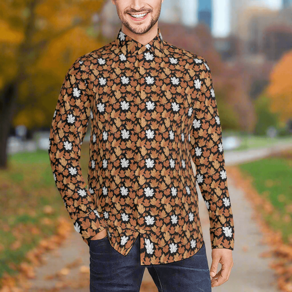 Maple Leaves Men's Classic Long-Sleeved Button up Polyester Dress Shirt - DeRose Seasonal
