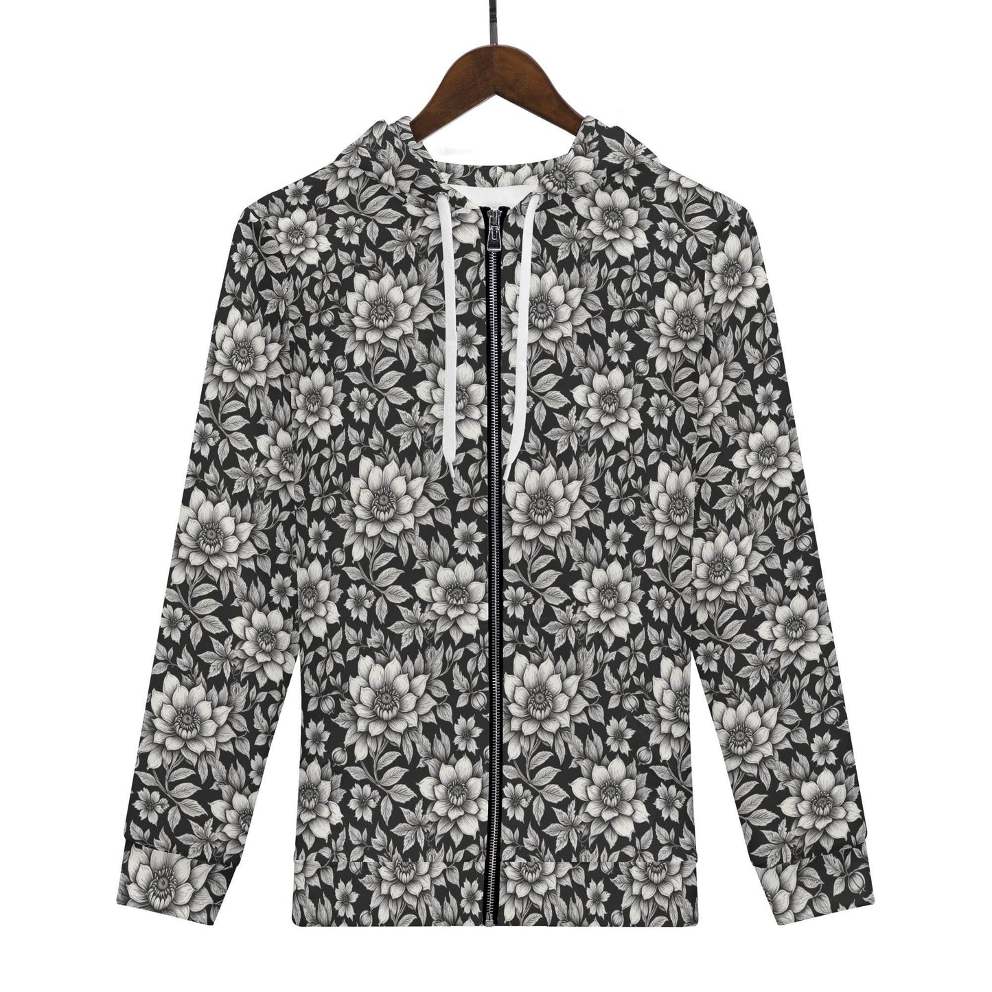 Men's Black and White Bloom Classic Zip Up Hoodie Warm Jacket - DeRose Seasonal