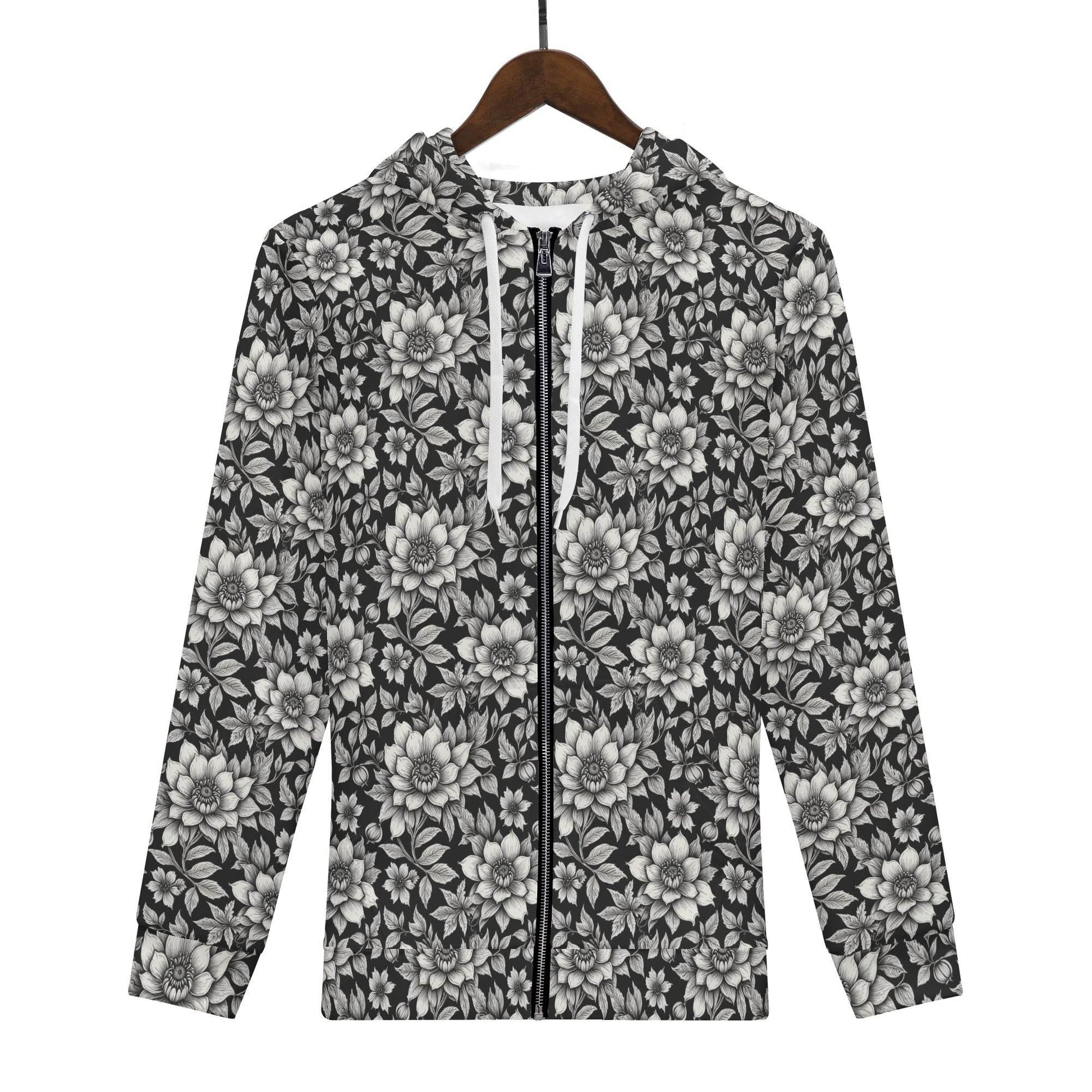 Men's Black and White Bloom Classic Zip Up Hoodie Warm Jacket - DeRose Seasonal