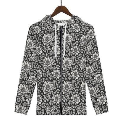 Men's Black and White Bloom Classic Zip Up Hoodie Warm Jacket - DeRose Seasonal