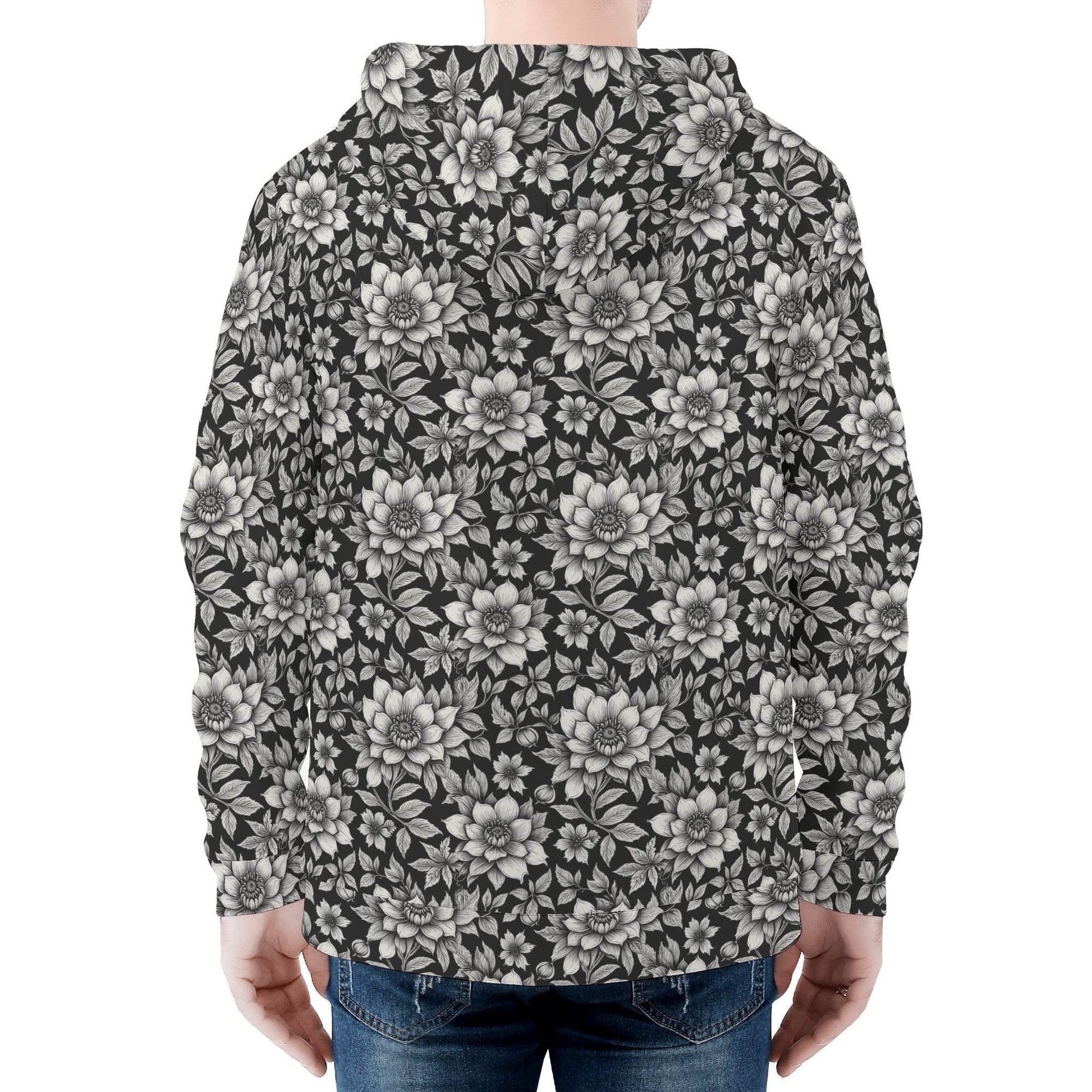 Men's Black and White Bloom Classic Zip Up Hoodie Warm Jacket - DeRose Seasonal
