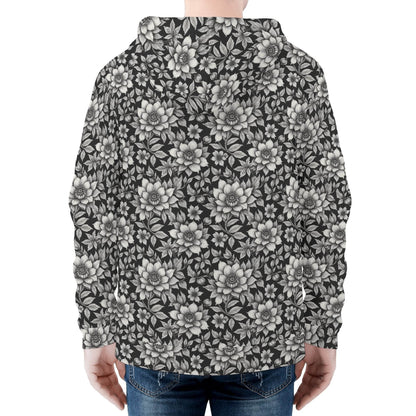 Men's Black and White Bloom Classic Zip Up Hoodie Warm Jacket - DeRose Seasonal