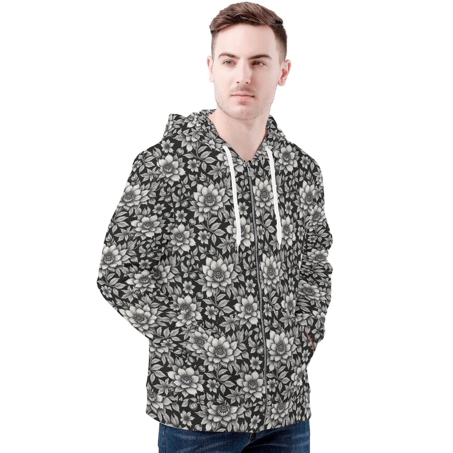 Men's Black and White Bloom Classic Zip Up Hoodie Warm Jacket - DeRose Seasonal