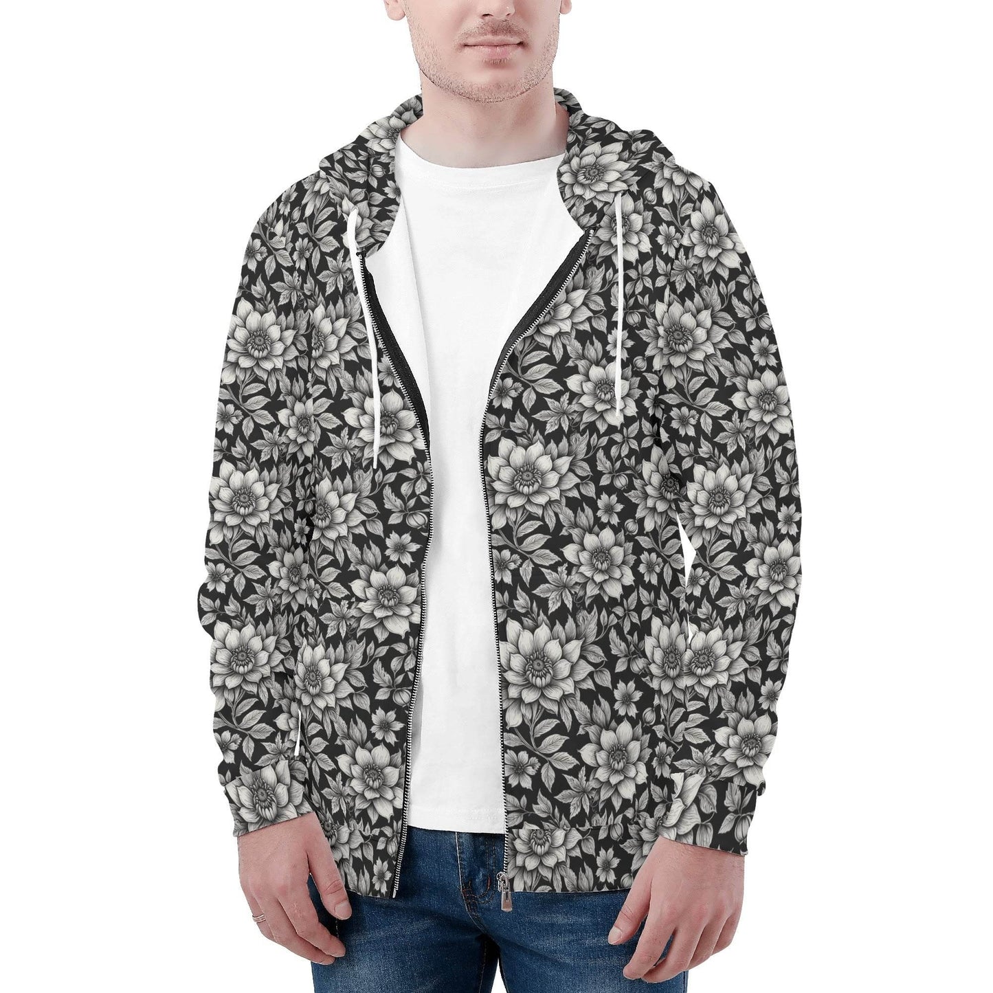Men's Black and White Bloom Classic Zip Up Hoodie Warm Jacket - DeRose Seasonal