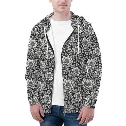 Men's Black and White Bloom Classic Zip Up Hoodie Warm Jacket - DeRose Seasonal