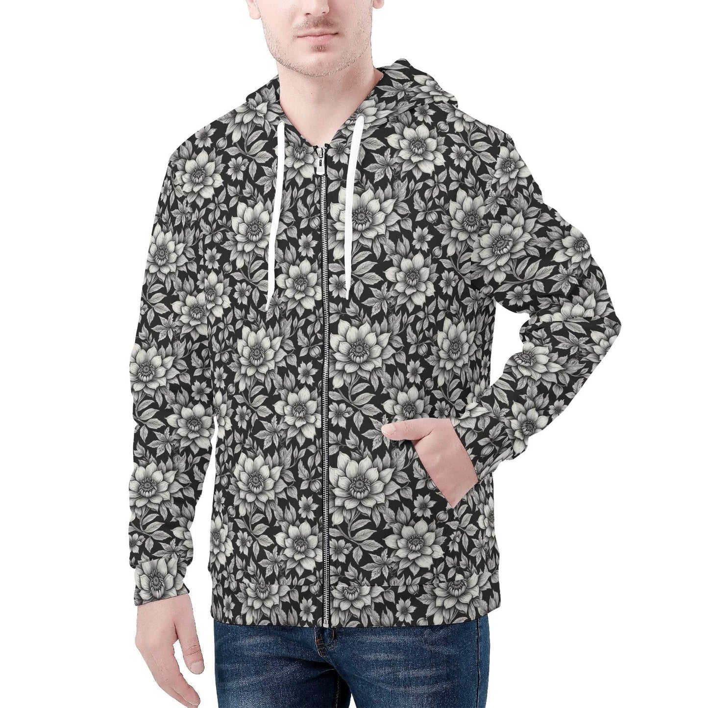 Men's Black and White Bloom Classic Zip Up Hoodie Warm Jacket - DeRose Seasonal