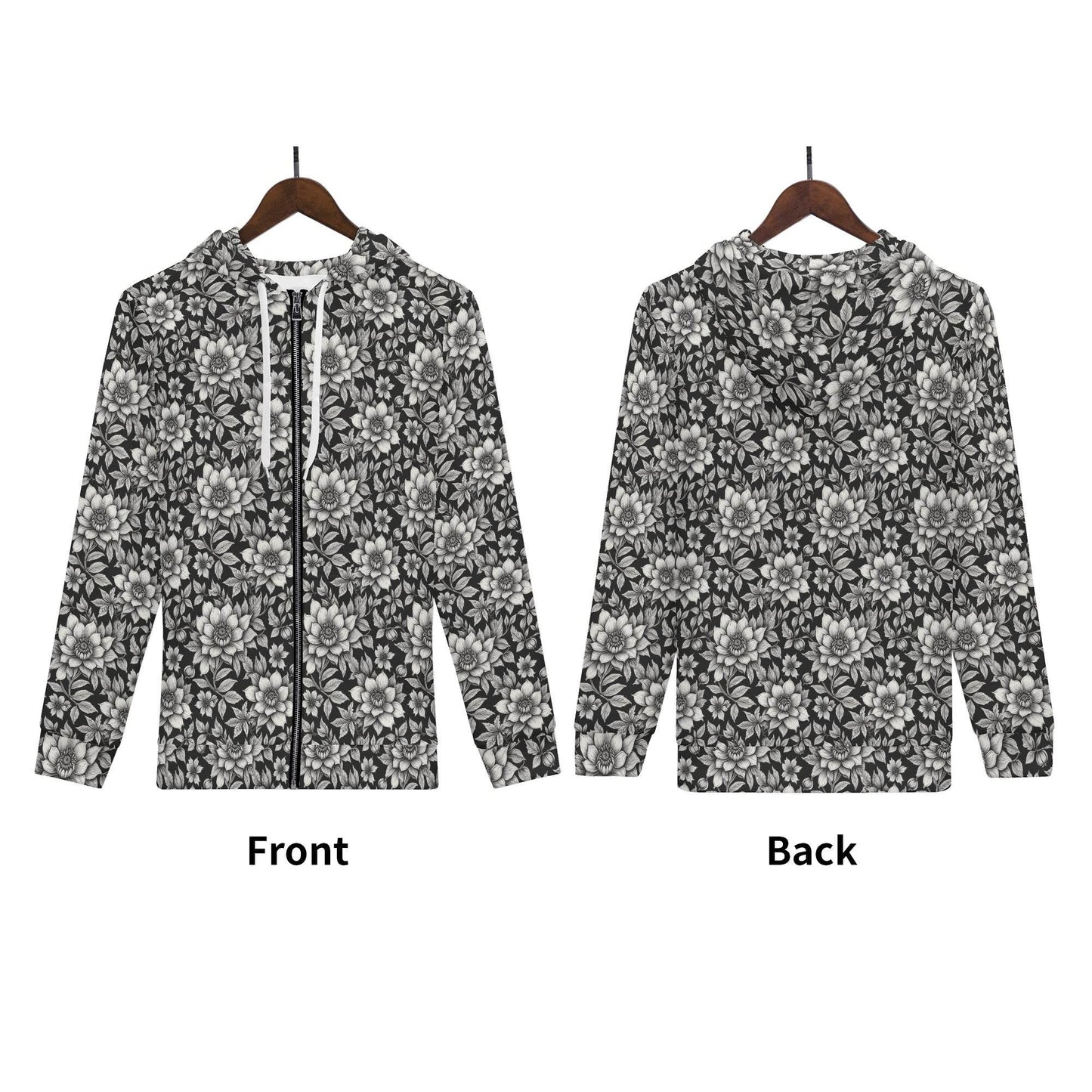 Men's Black and White Bloom Classic Zip Up Hoodie Warm Jacket - DeRose Seasonal