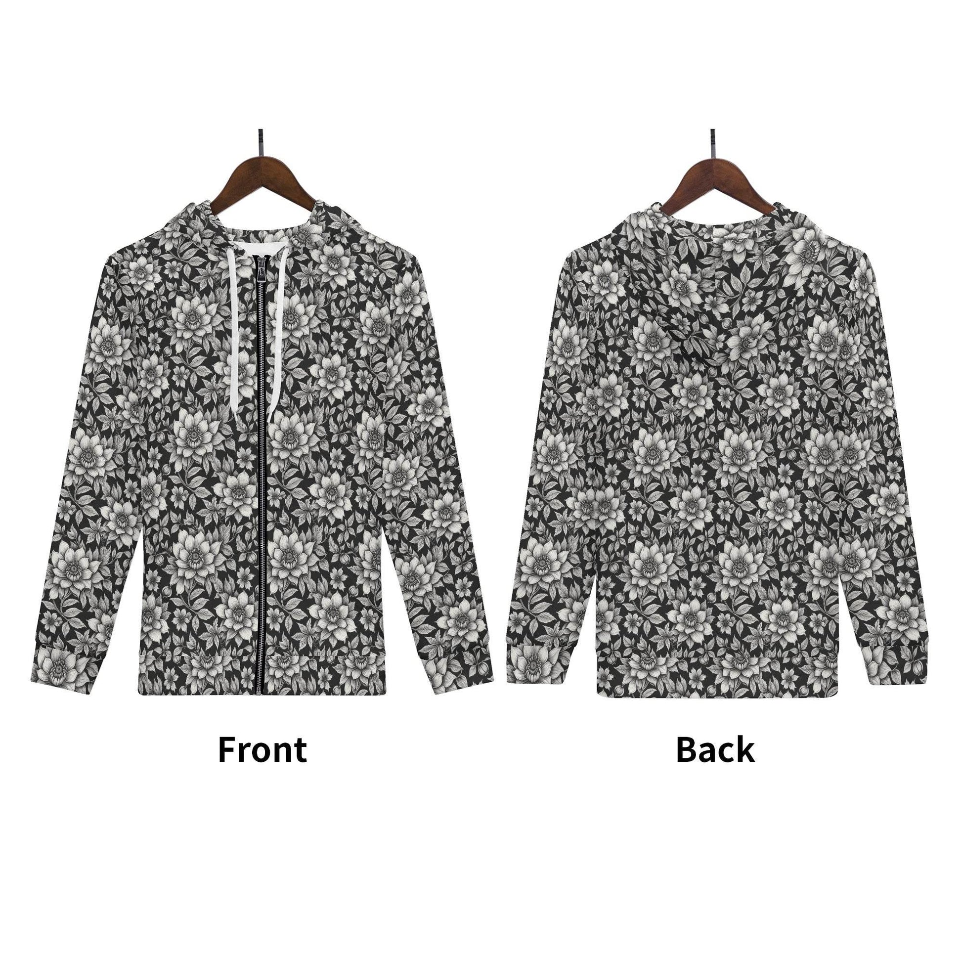 Men's Black and White Bloom Classic Zip Up Hoodie Warm Jacket - DeRose Seasonal