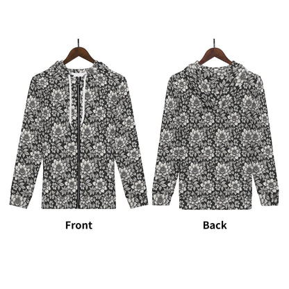 Men's Black and White Bloom Classic Zip Up Hoodie Warm Jacket - DeRose Seasonal