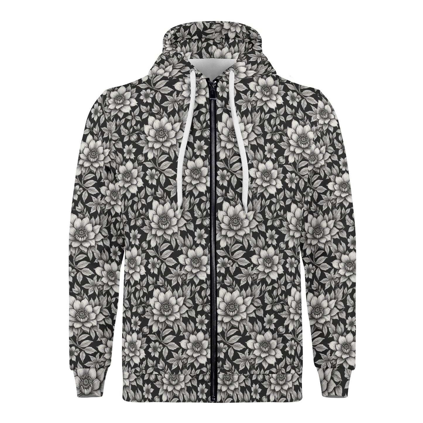 Men's Black and White Bloom Classic Zip Up Hoodie Warm Jacket - DeRose Seasonal