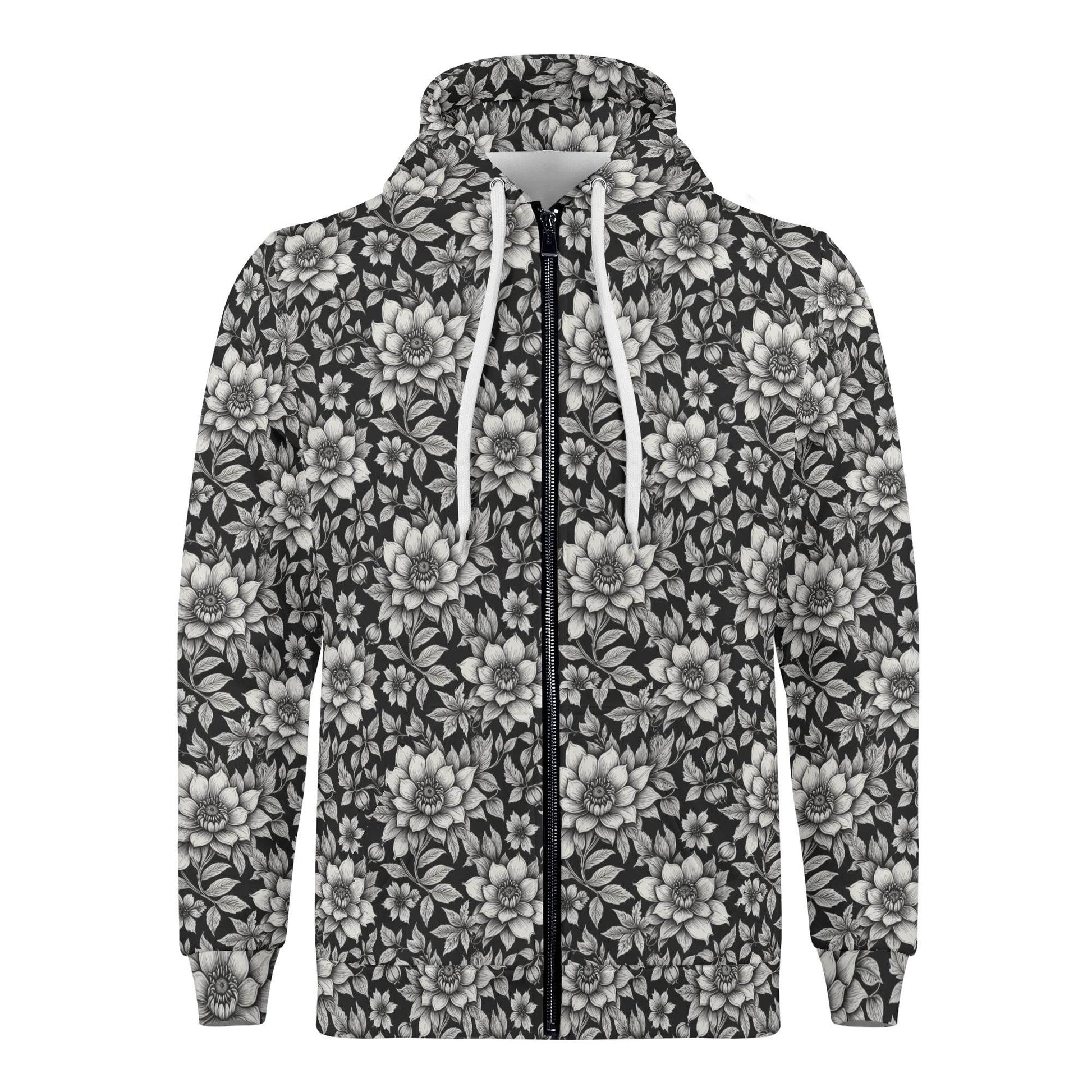 Men's Black and White Bloom Classic Zip Up Hoodie Warm Jacket - DeRose Seasonal