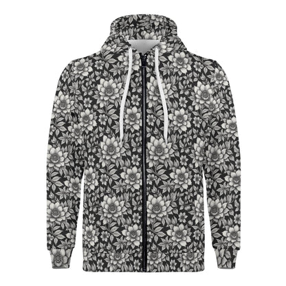 Men's Black and White Bloom Classic Zip Up Hoodie Warm Jacket - DeRose Seasonal